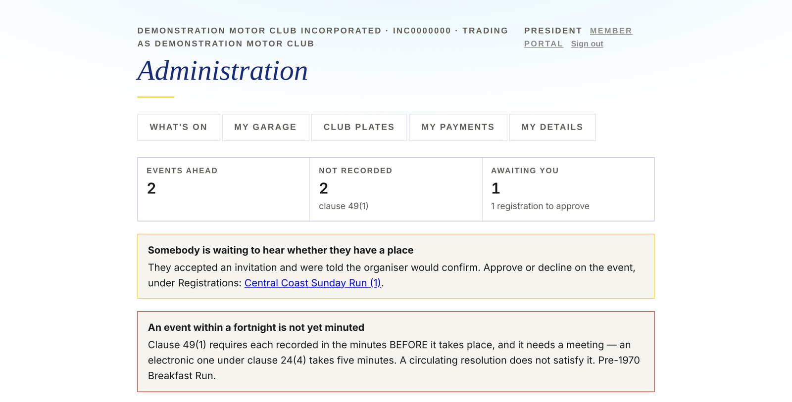 The committee's home screen, warning that an event within a fortnight has not yet been minuted, citing clause 49(1)